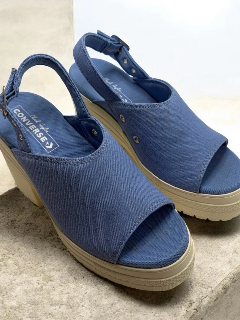 Converse Blue Canvas Platform Slingback Heels with Cream Sole 7.5 women’s